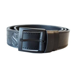 Stilingas juodas vyriškas odinis diržas su stilinga juoda sagtimi ir išspaustu raštu, 4 cm pločio