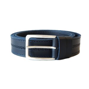 Tamsiai mėlynas odinis vyriškas diržas su išspaustu raštu 3,5 cm Vilnius Fashion Belts